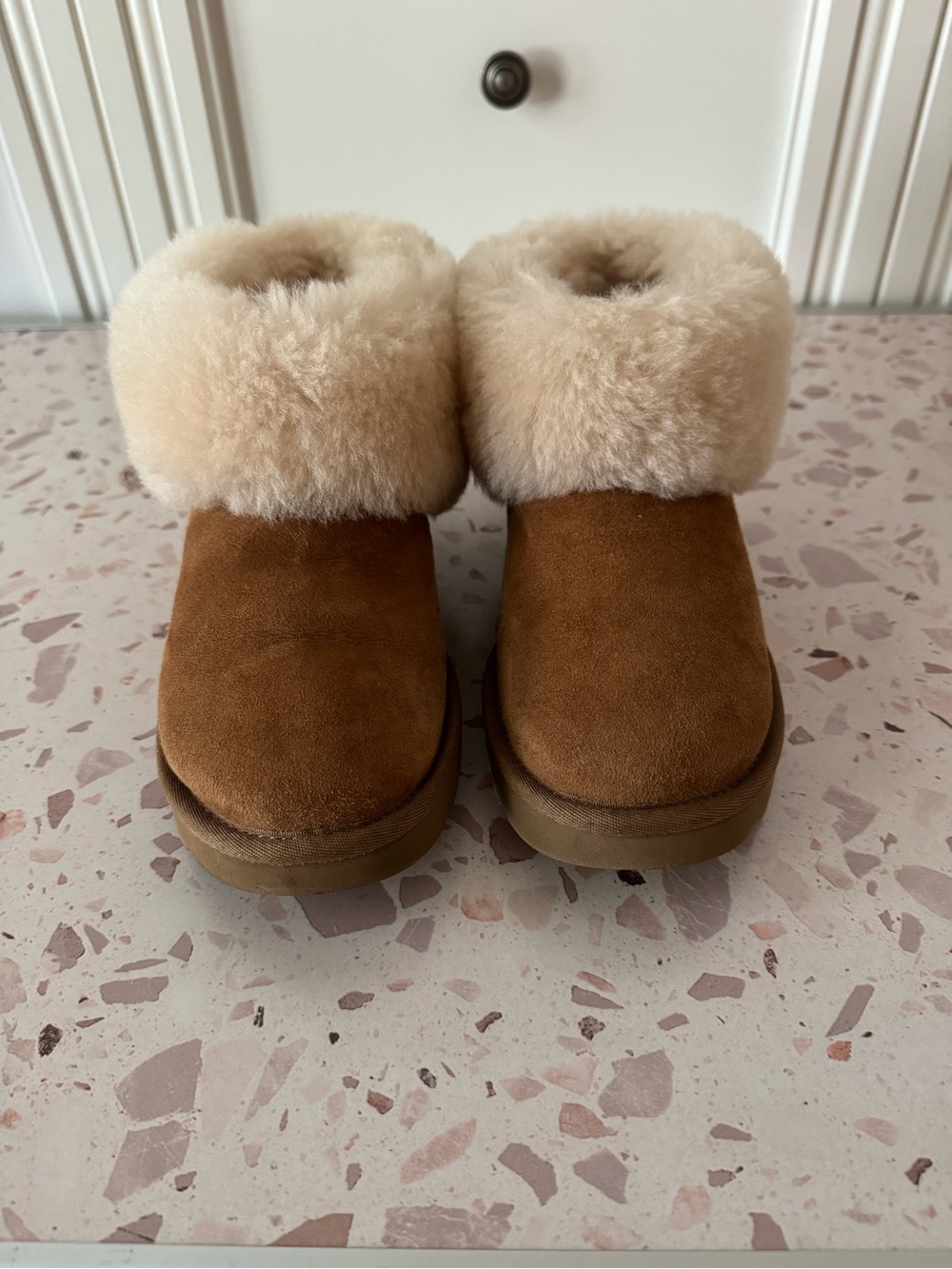 UGG Chestnut Suede Shearling Cuff Booties with Cream Collar
